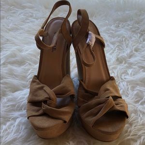 Tan faux suede wedge sandals (size 8)